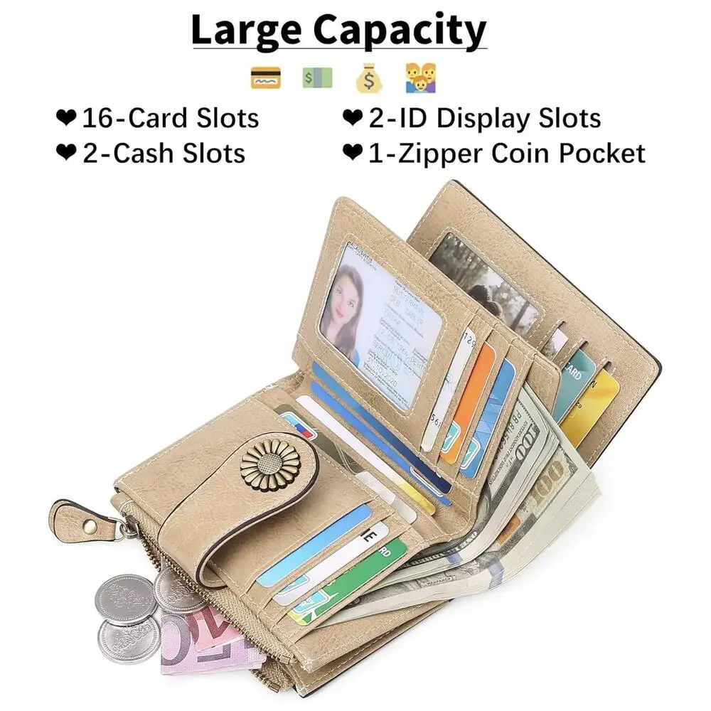 Sendefn Wallet Womens Beige Leather Bi-fold Zipper Coin Pocket RFID Blocking - Picture 2 of 7